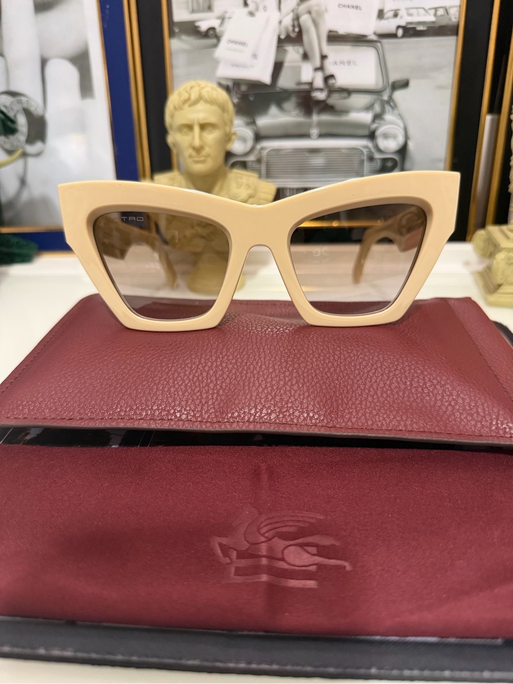 Excellent condition. Etro Cream Cat-Eye Sunglasses with Brown Lenses